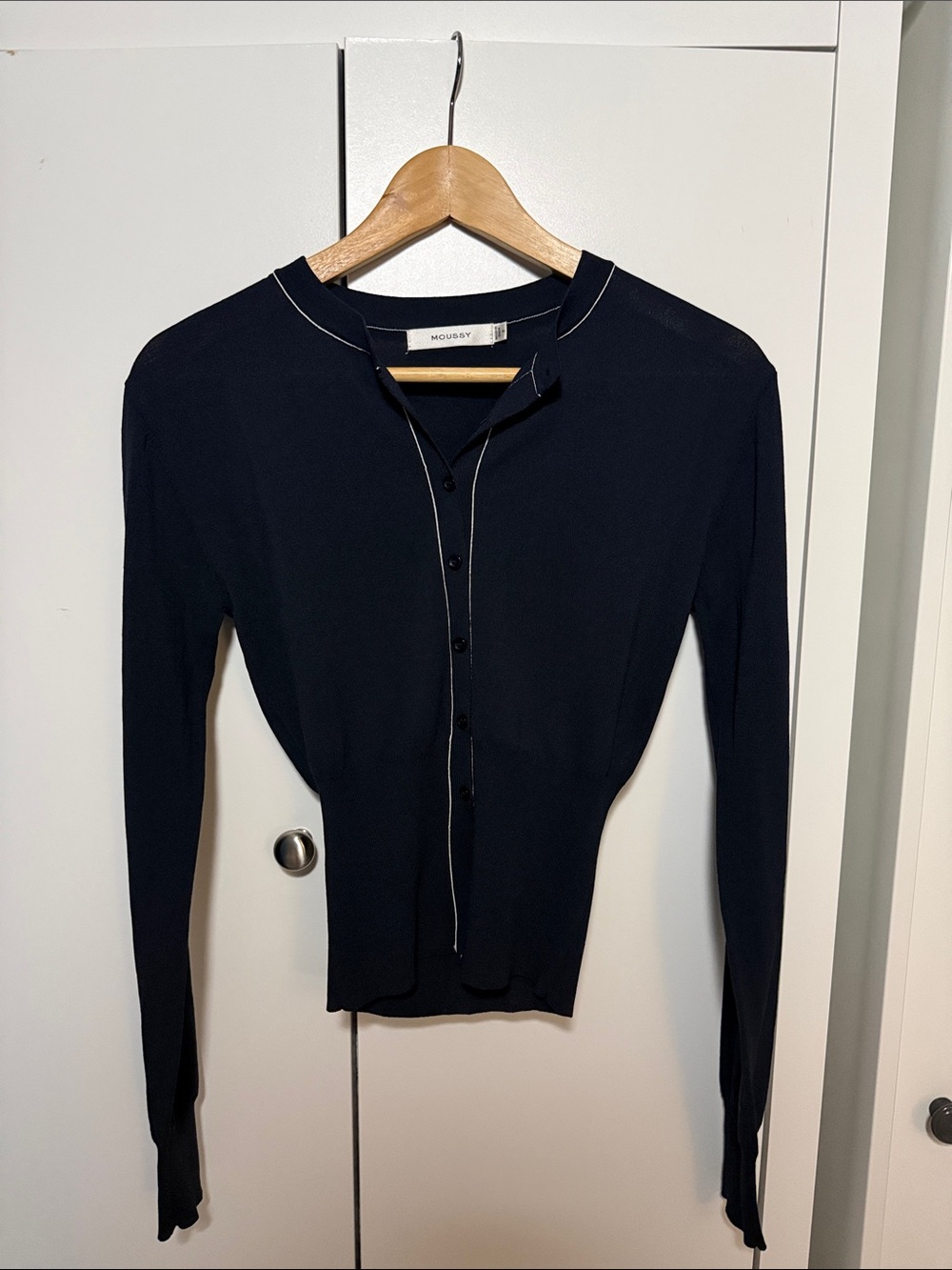 Moussy Navy Button-Up Cardigan with Contrast Piping